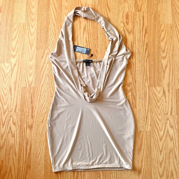 PrettyLittleThing Stone Slinky Cowl Chain Halter Bodycon Dress Size 8 Beige - Picture 3 of 11